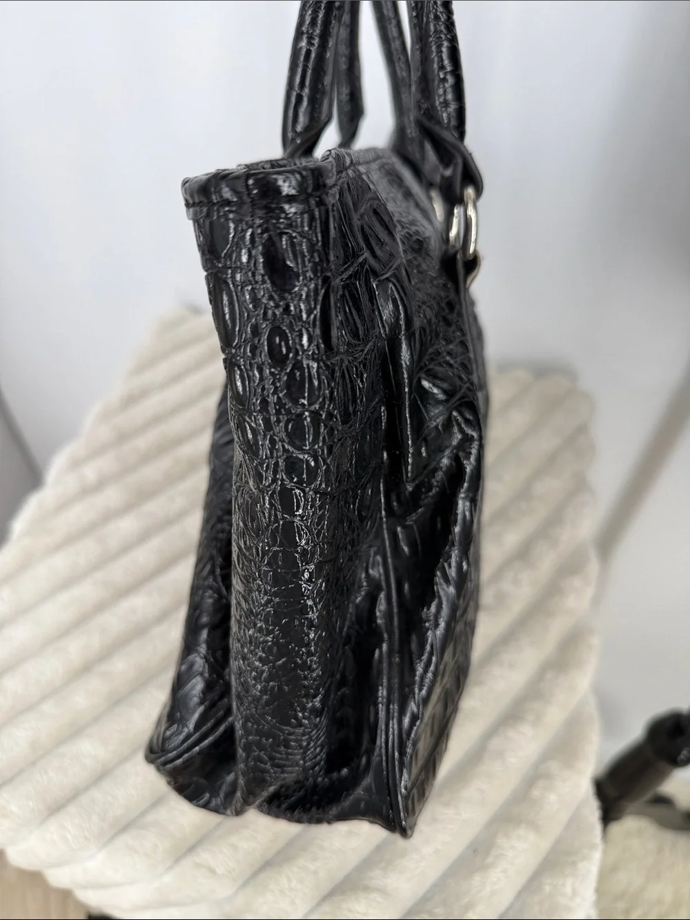 Vtg Y2K Nine West Black Croc-Embossed Structured Tote